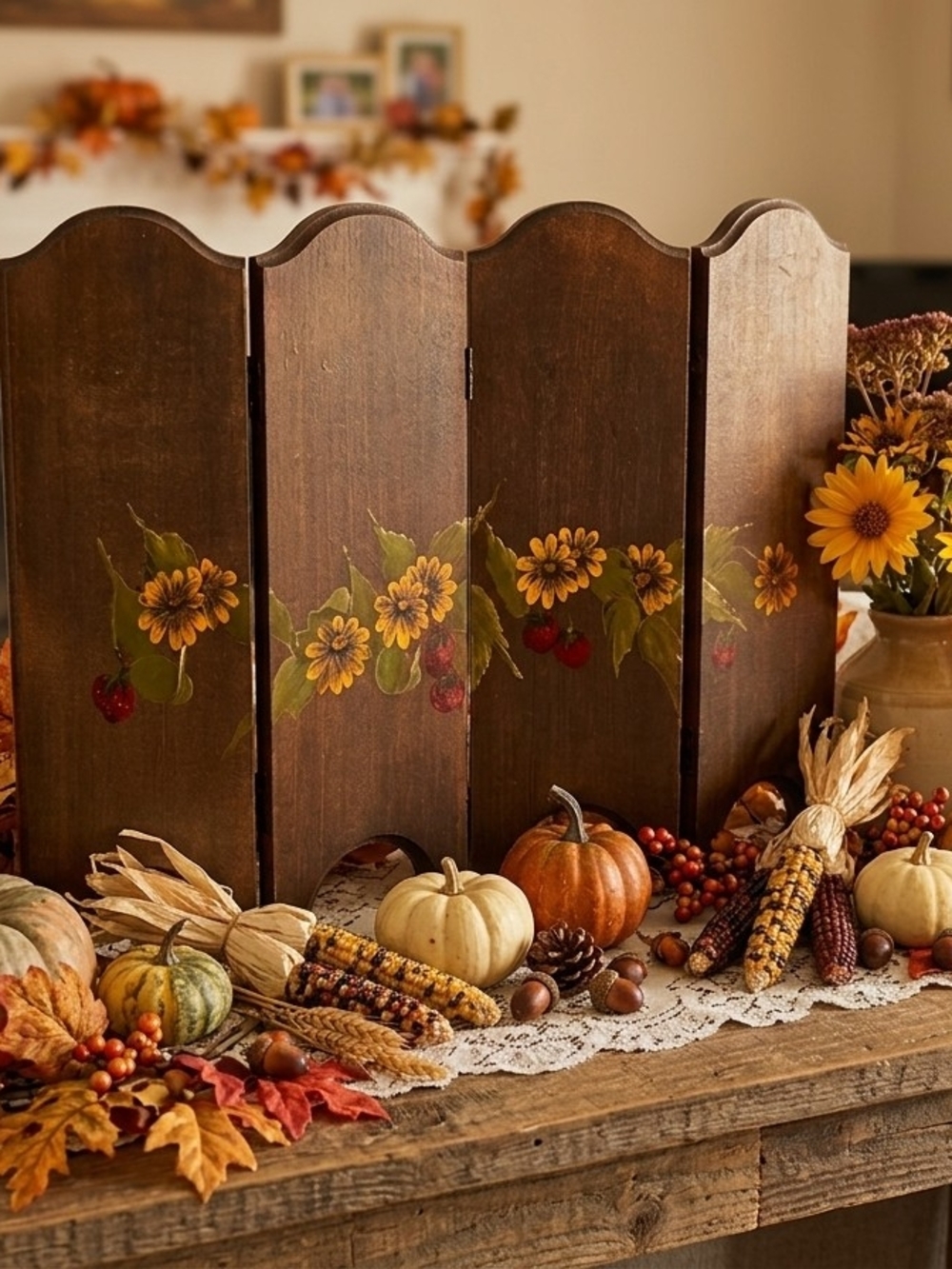 Autumn Sunflower Decorative Wood Screen - Brown